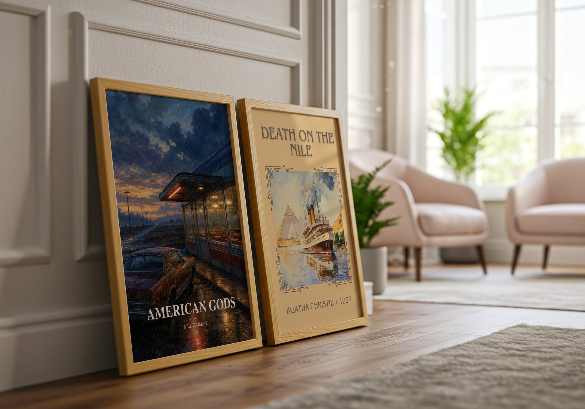 American Gods watercolour print framed by window – literary home decor