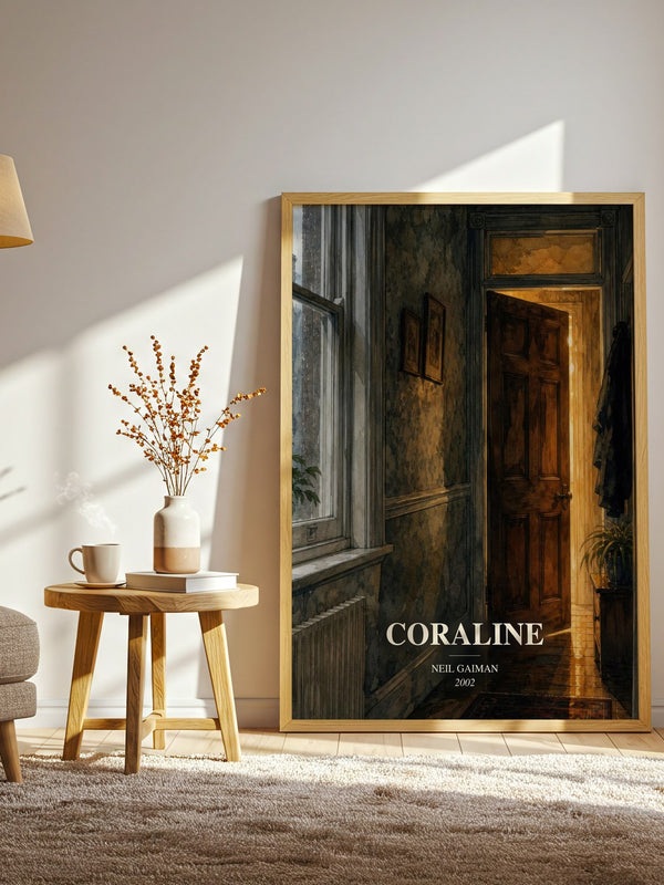 Coraline watercolour print in frame leaning in hallway – childrens wall art