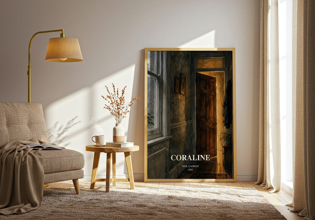 Coraline watercolour print in frame leaning in hallway – childrens wall art (mockup)