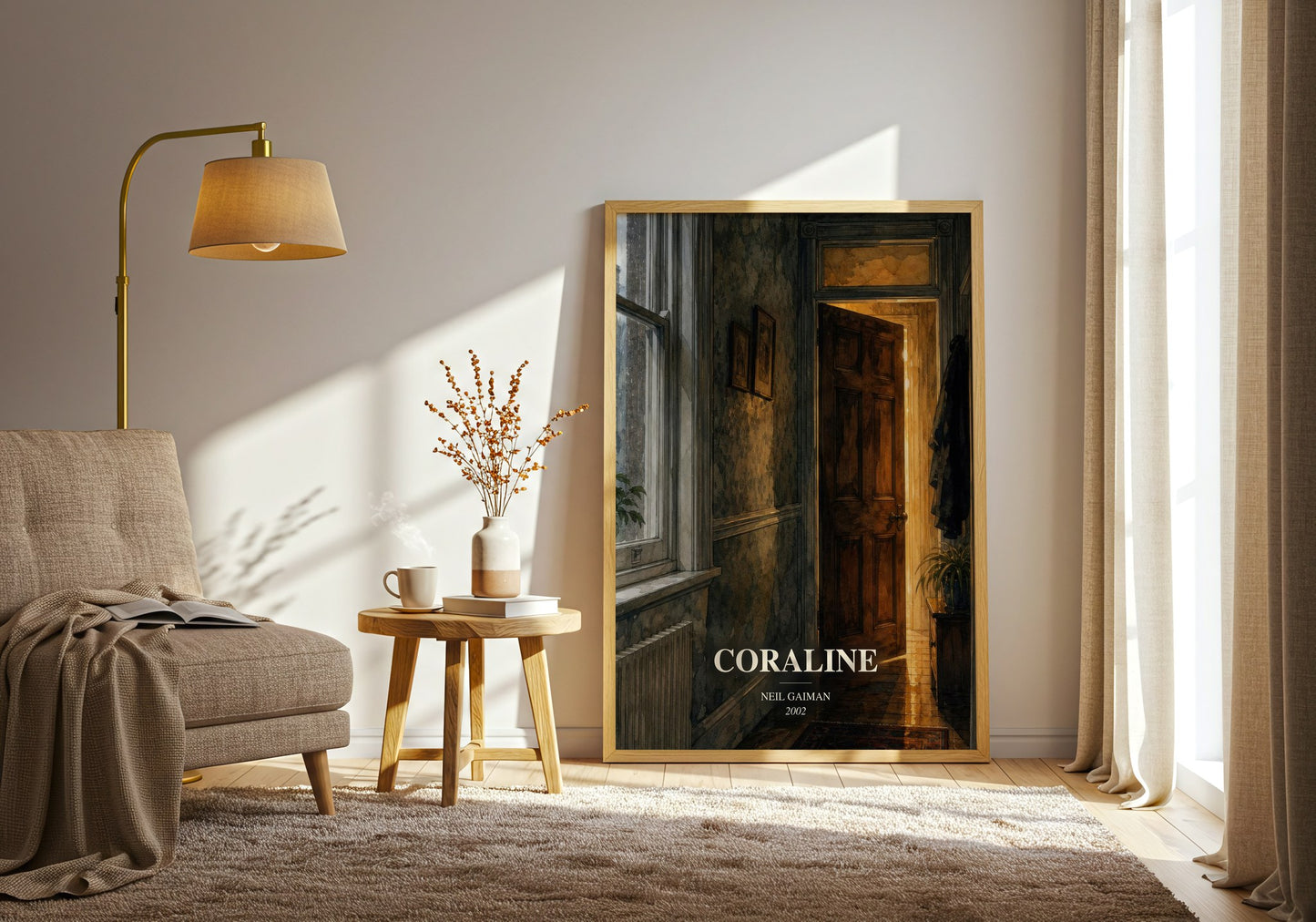 Coraline watercolour print in frame leaning in hallway – childrens wall art