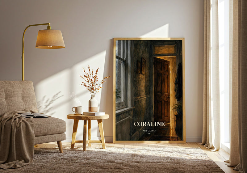 Coraline watercolour print in frame leaning in hallway – childrens wall art