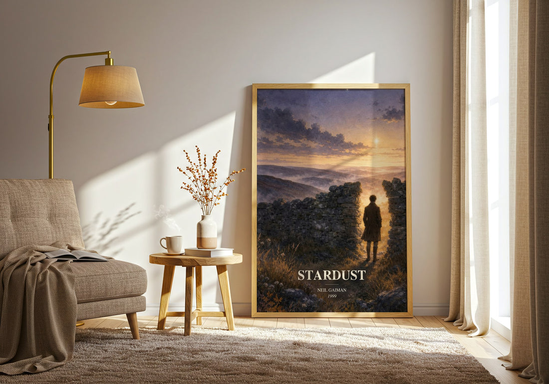 Stardust watercolour print in frame leaning in hallway – fantasy wall art (mockup)