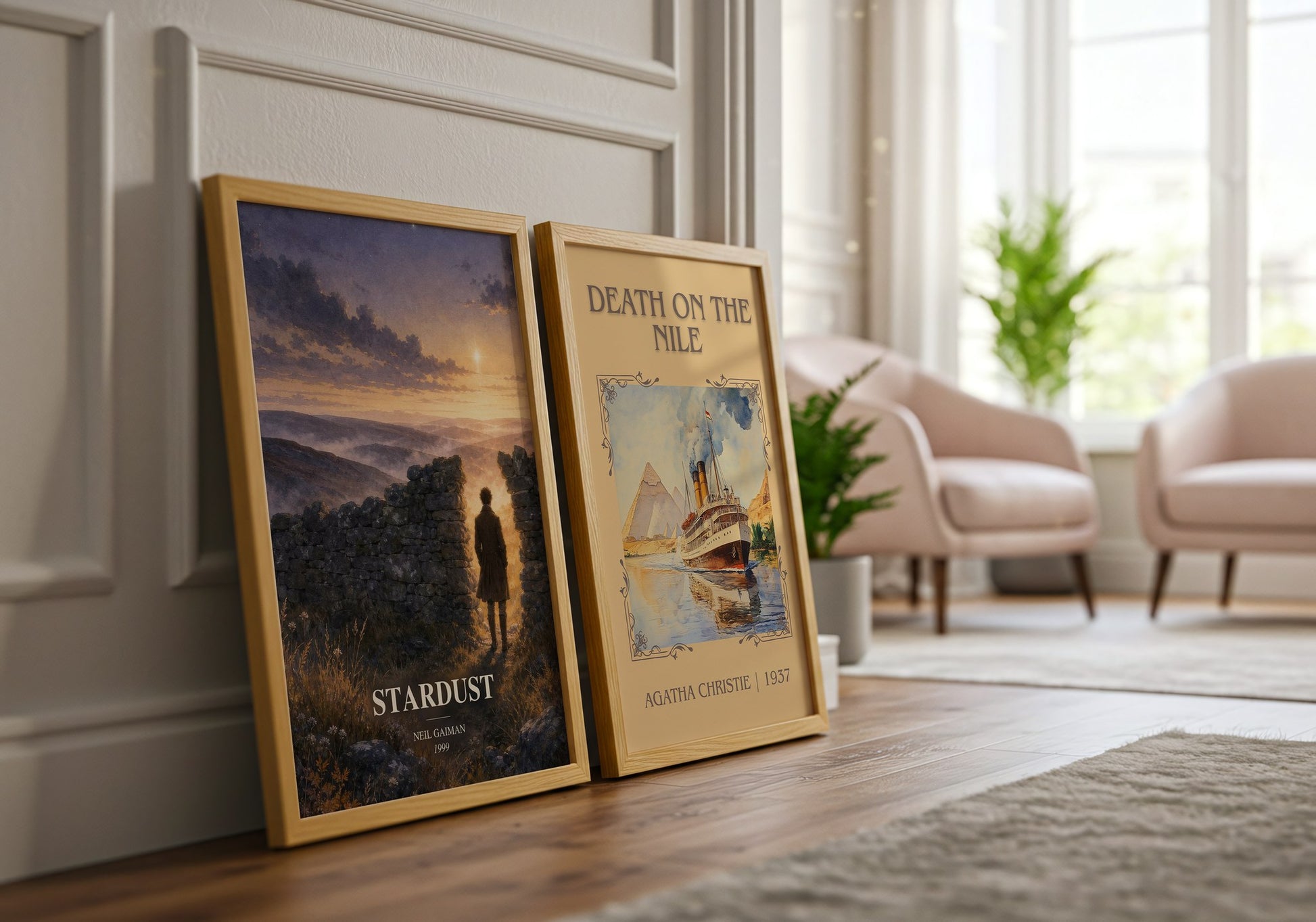 Stardust watercolour print framed by window – literary home decor