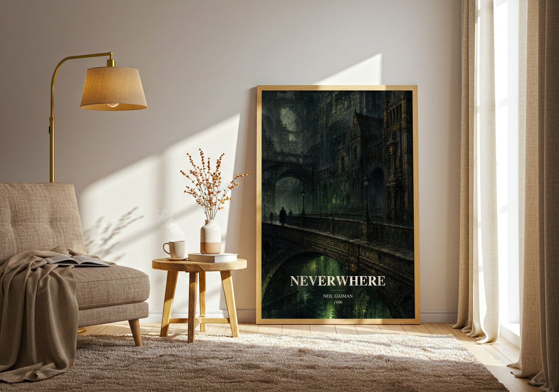 Neverwhere watercolour print in frame leaning in hallway – fantasy wall art