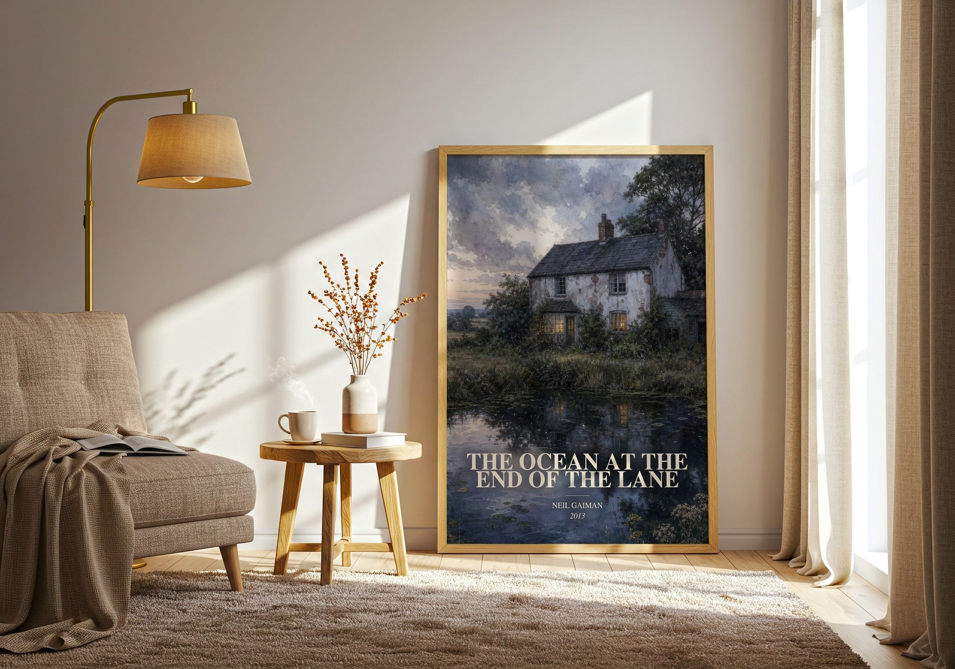 The Ocean At The End Of The Lane watercolour print in frame leaning in hallway – fantasy wall art