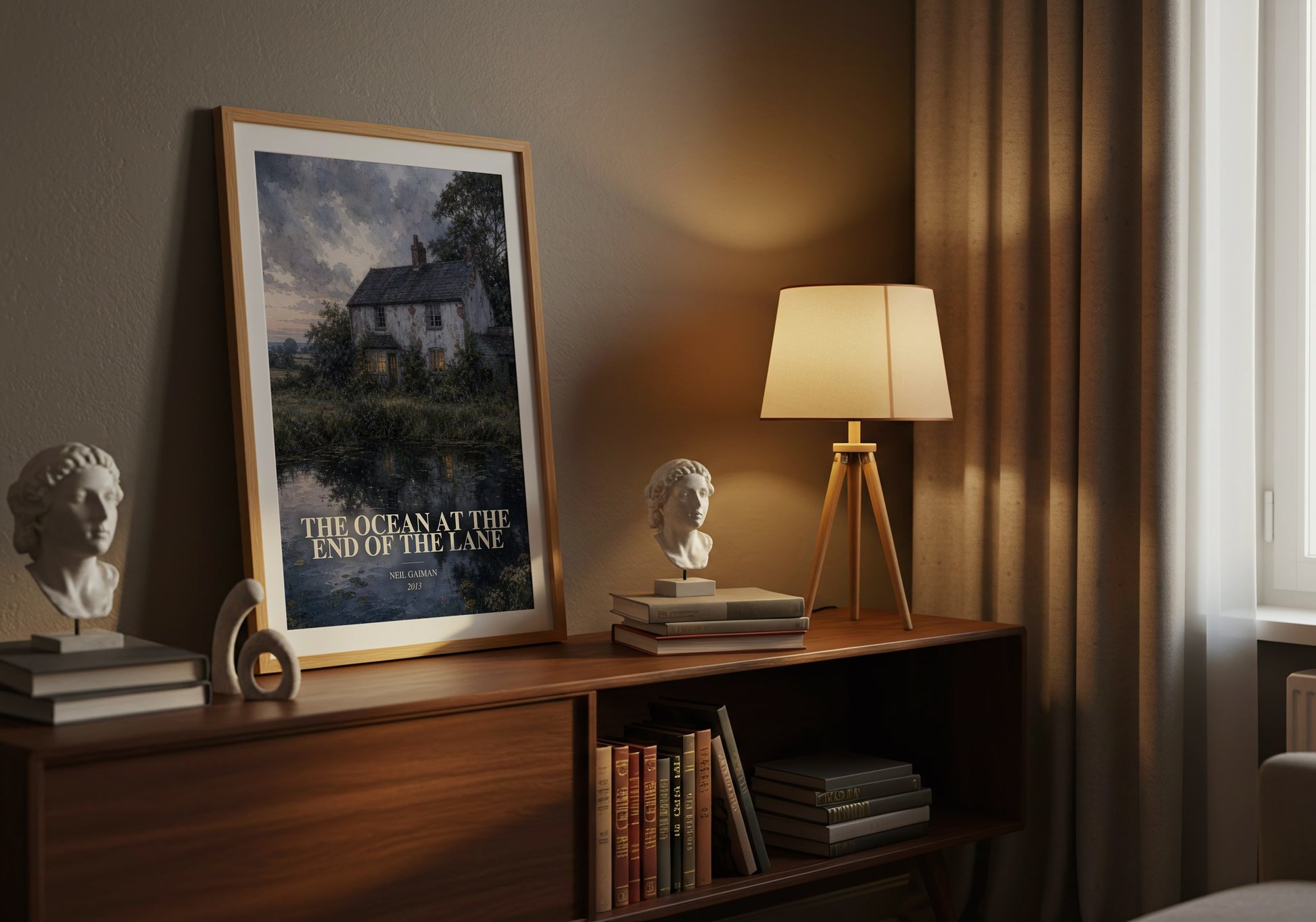 The Ocean At The End Of The Lane watercolour print on bookshelf – Neil Gaiman fan gift