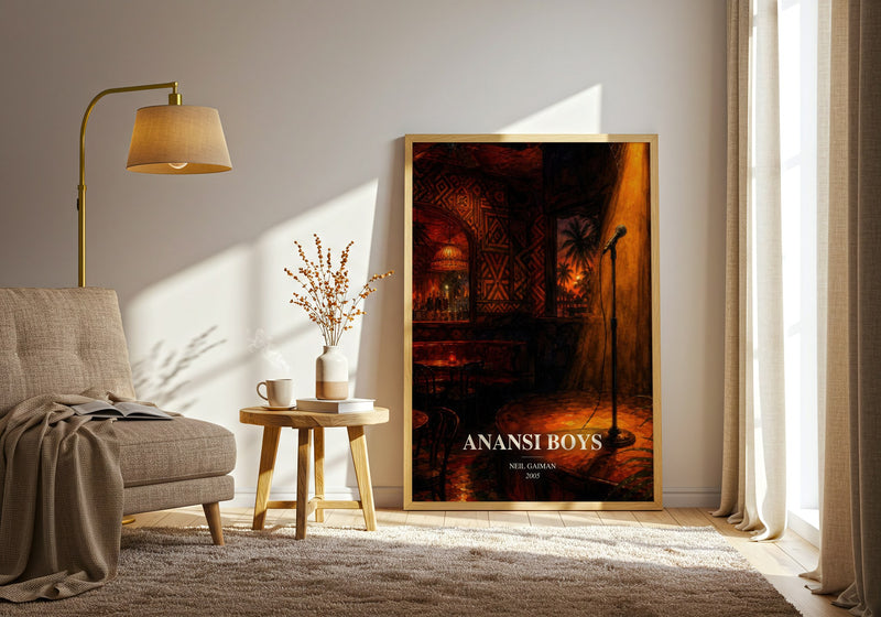 Anansi Boys watercolour print in frame leaning in hallway – fantasy wall art