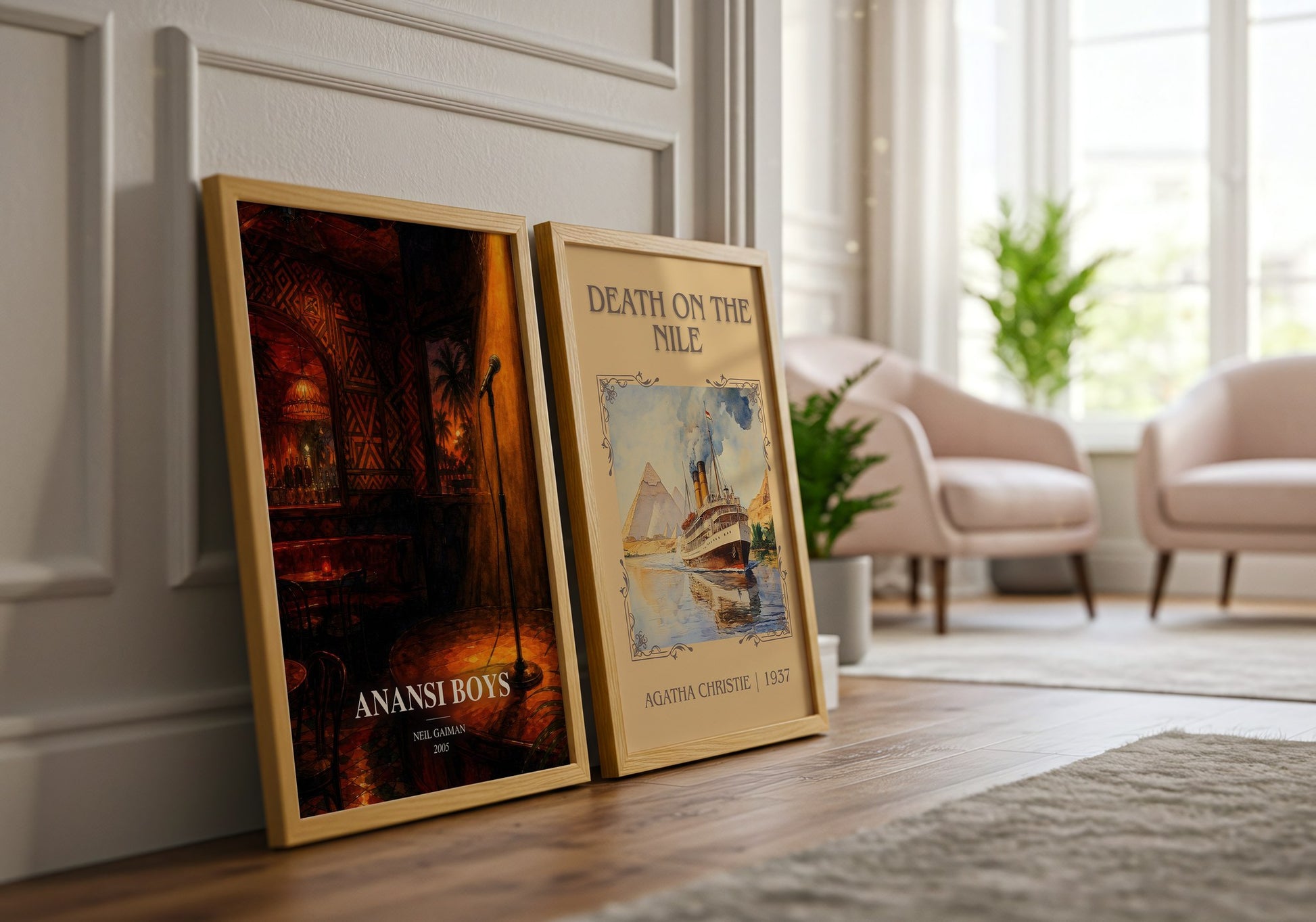 Anansi Boys watercolour print framed by window – literary home decor