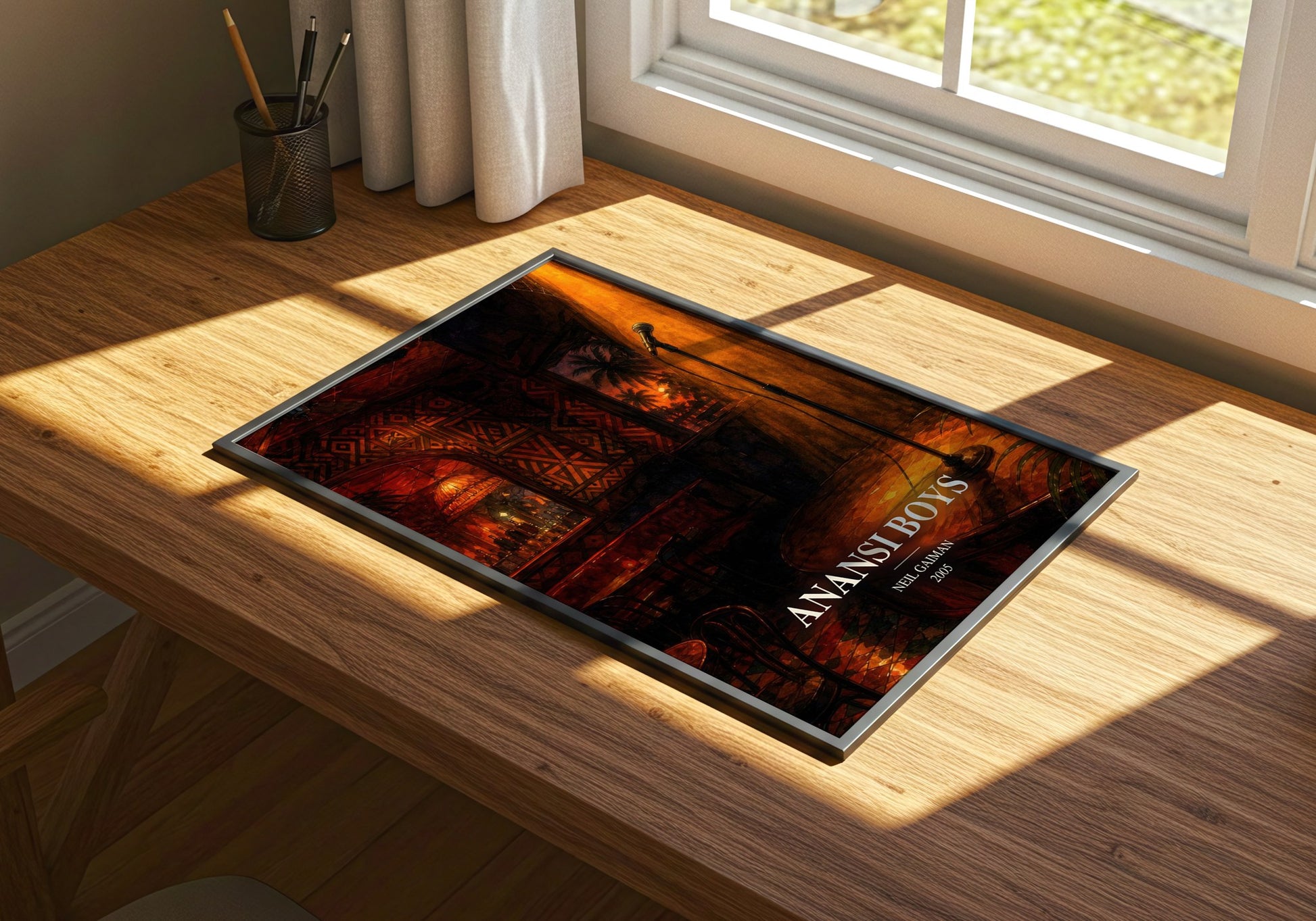 Anansi Boys watercolour book poster framed on wall – fantasy wall art