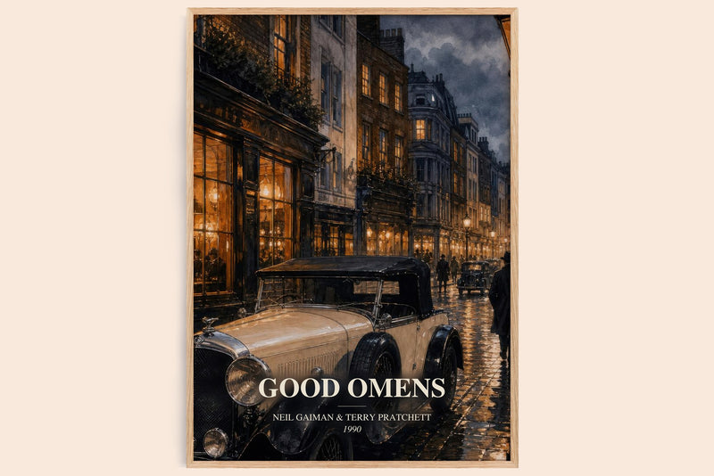 Good Omens watercolour book poster by Neil Gaiman & Terry Pratchett – framed literary art print