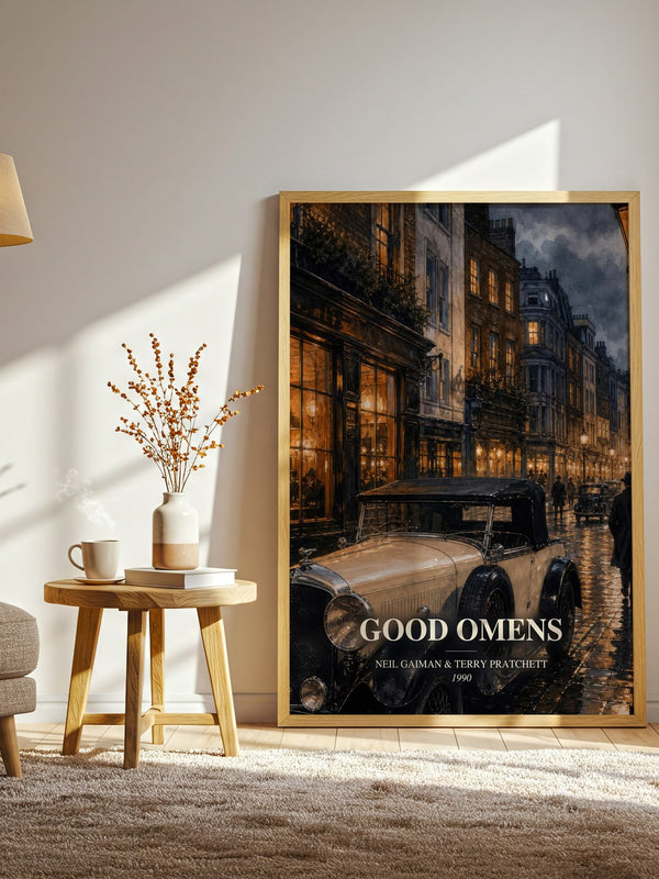 Good Omens watercolour print in frame leaning in hallway – fantasy wall art