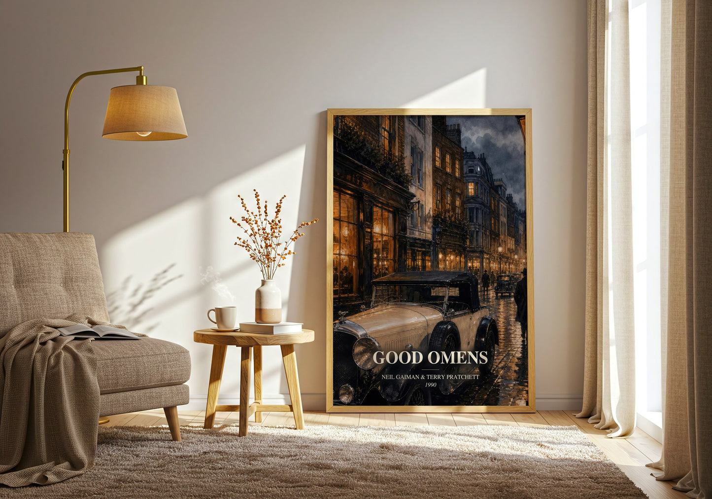 Good Omens watercolour print in frame leaning in hallway – fantasy wall art