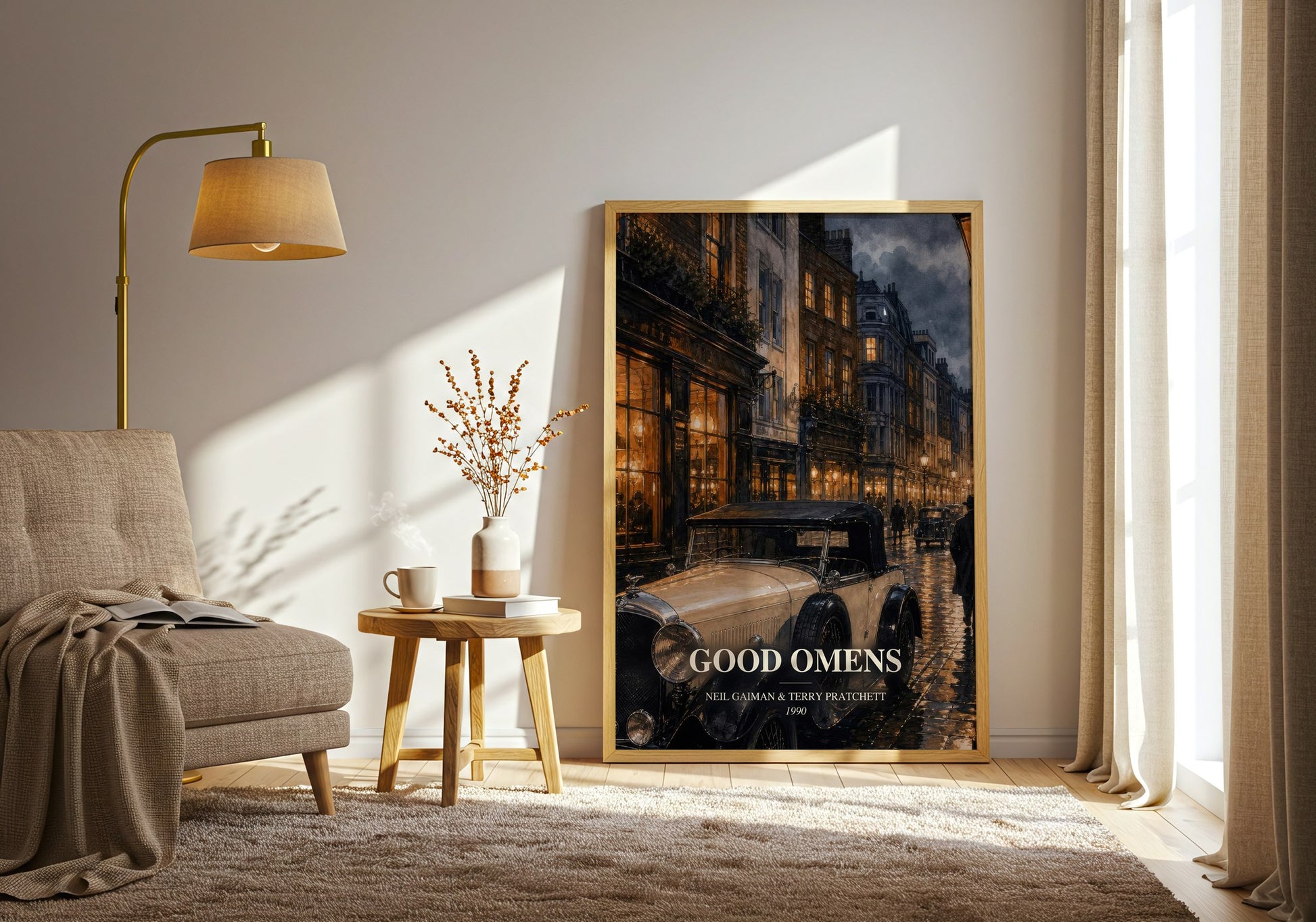 Good Omens watercolour print in frame leaning in hallway – fantasy wall art