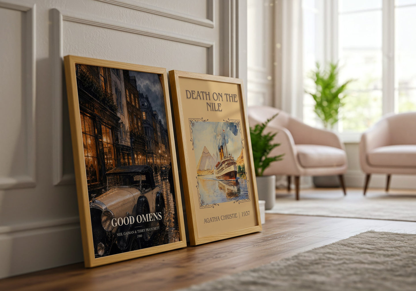Good Omens watercolour print framed by window – literary home decor