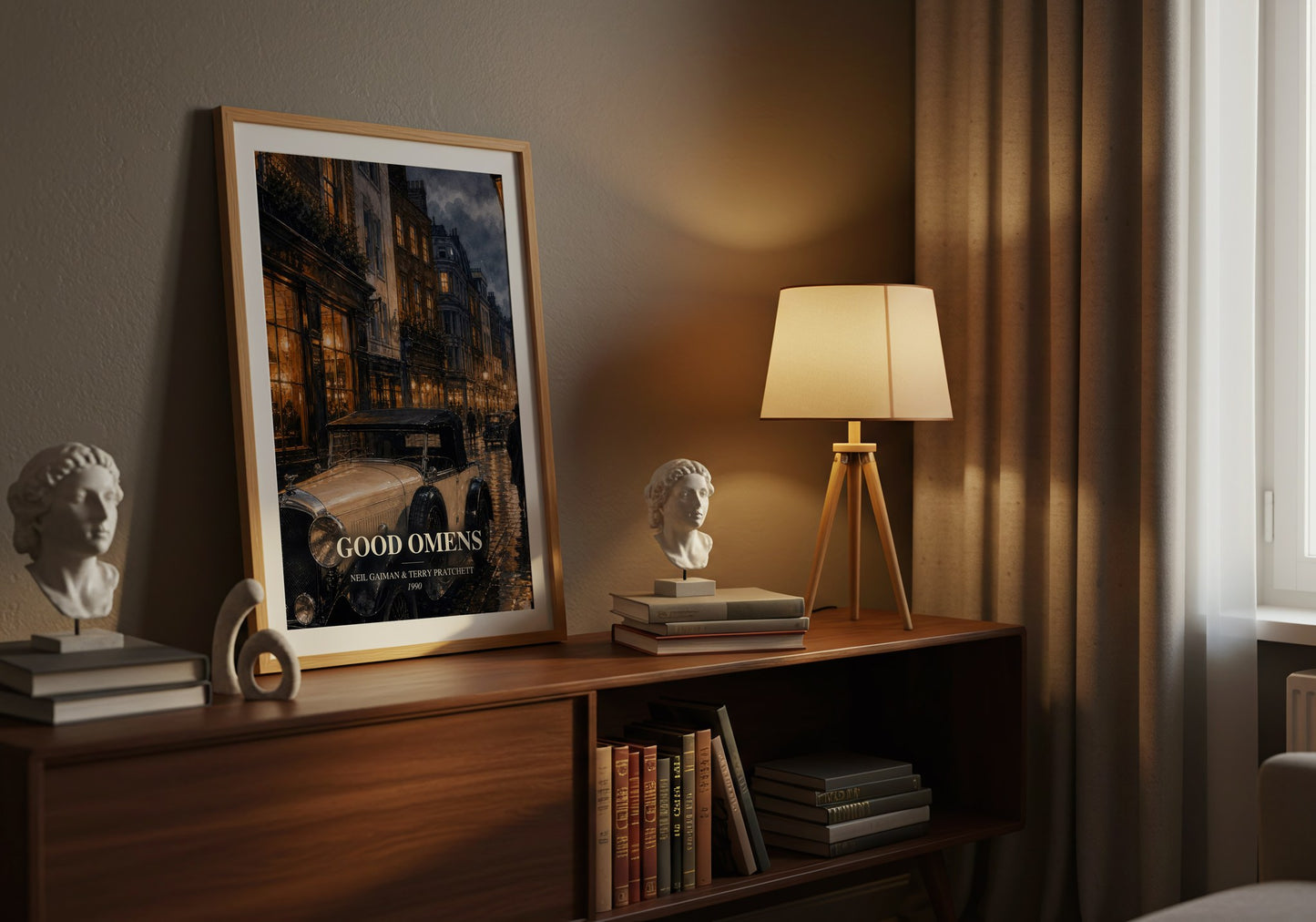 Good Omens watercolour print on bookshelf – Neil Gaiman & Terry Pratchett fan gift