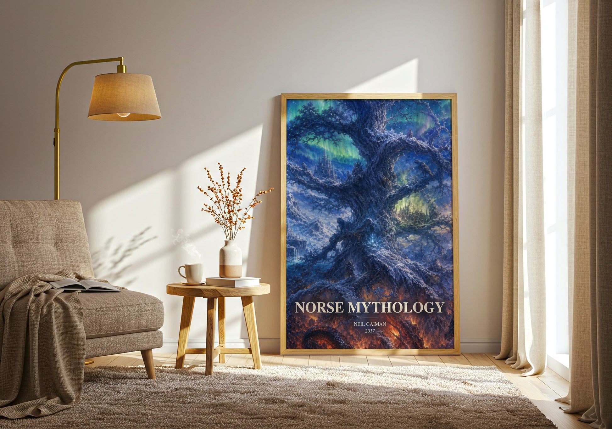 Norse Mythology watercolour print in frame leaning in hallway – fantasy wall art