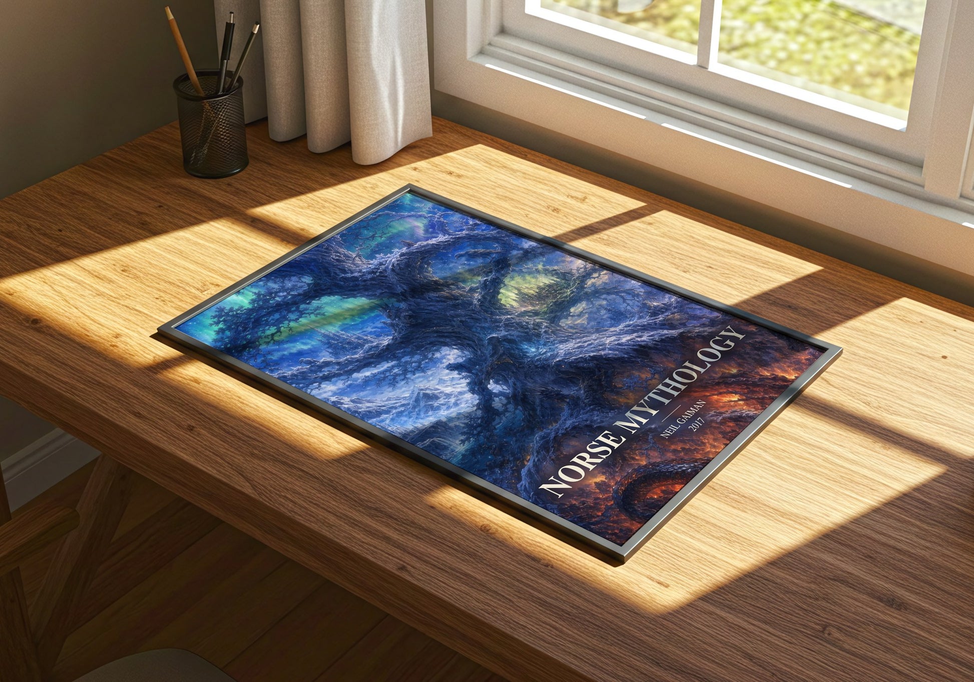 Norse Mythology watercolour book poster framed on wall – fantasy wall art