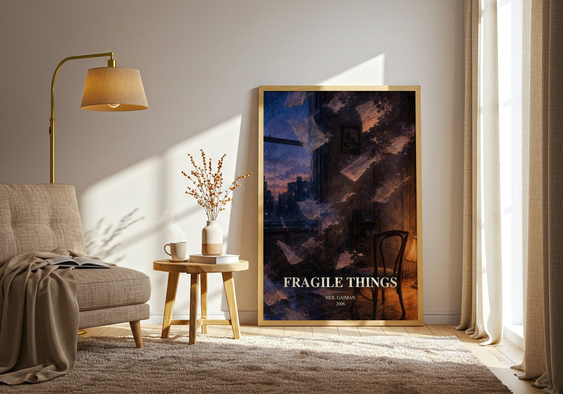 Fragile Things watercolour print in frame leaning in hallway – fantasy wall art