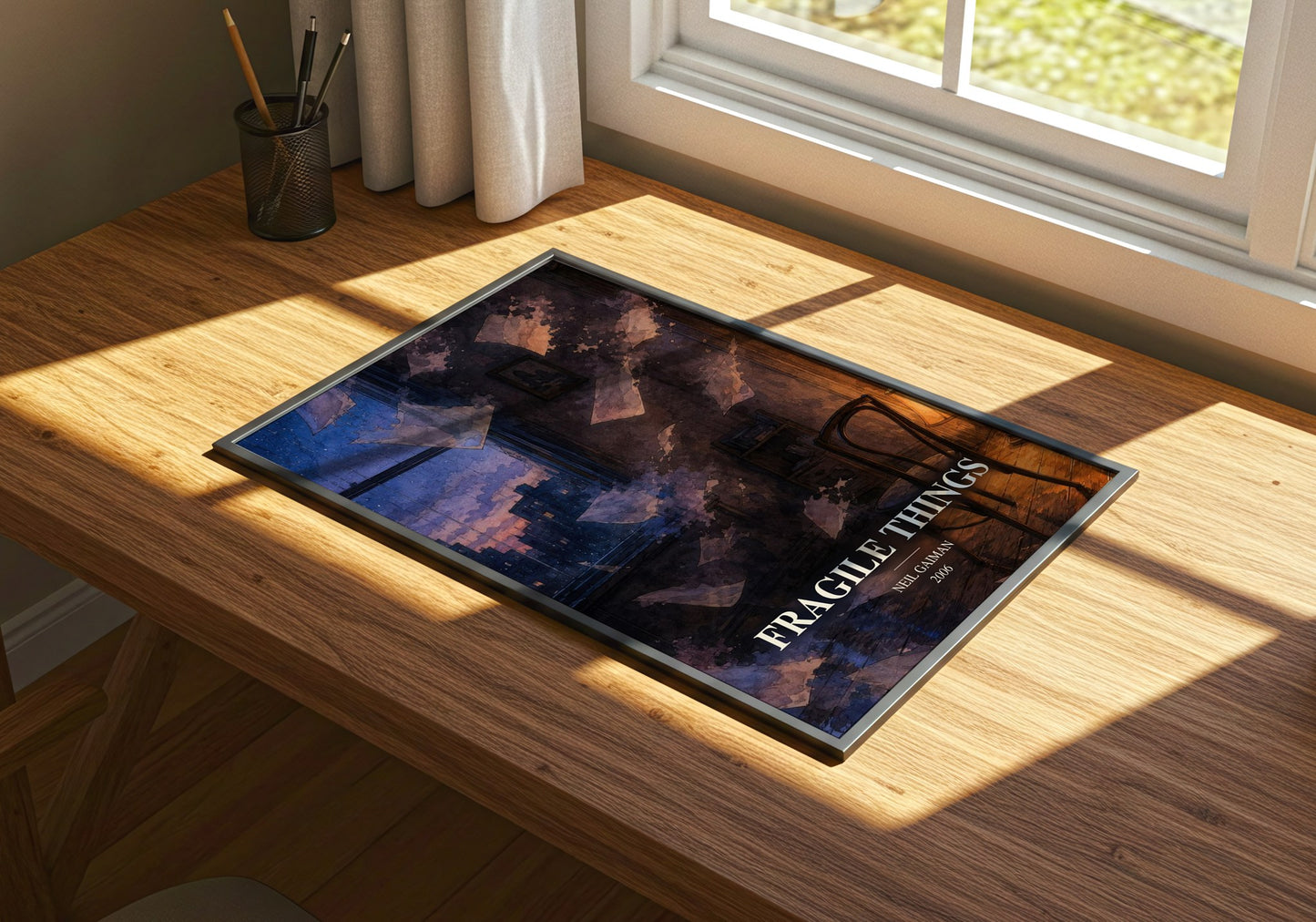 Fragile Things watercolour book poster framed on wall – fantasy wall art