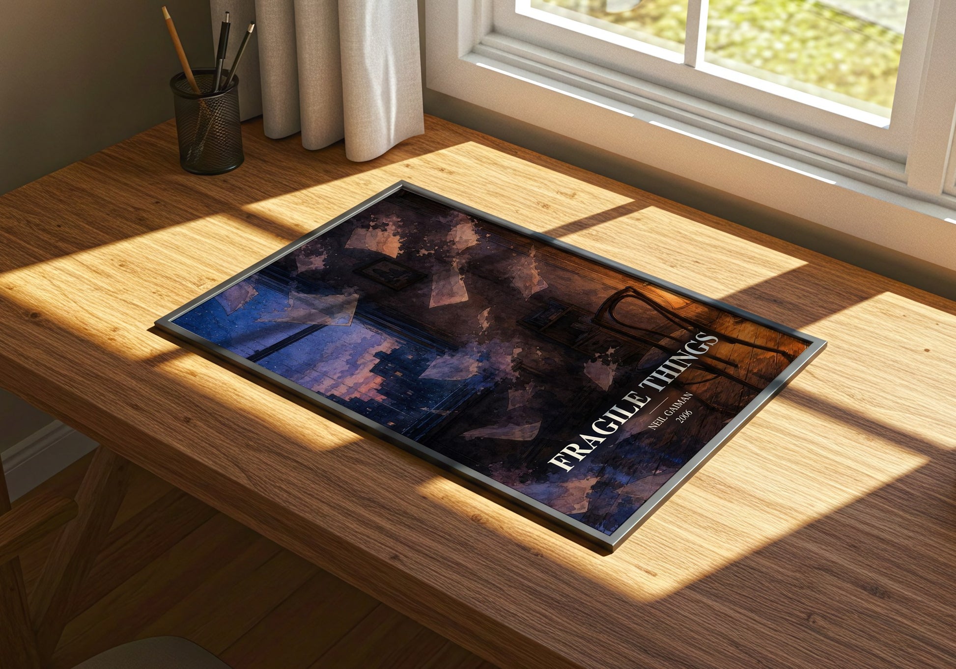 Fragile Things watercolour book poster framed on wall – fantasy wall art