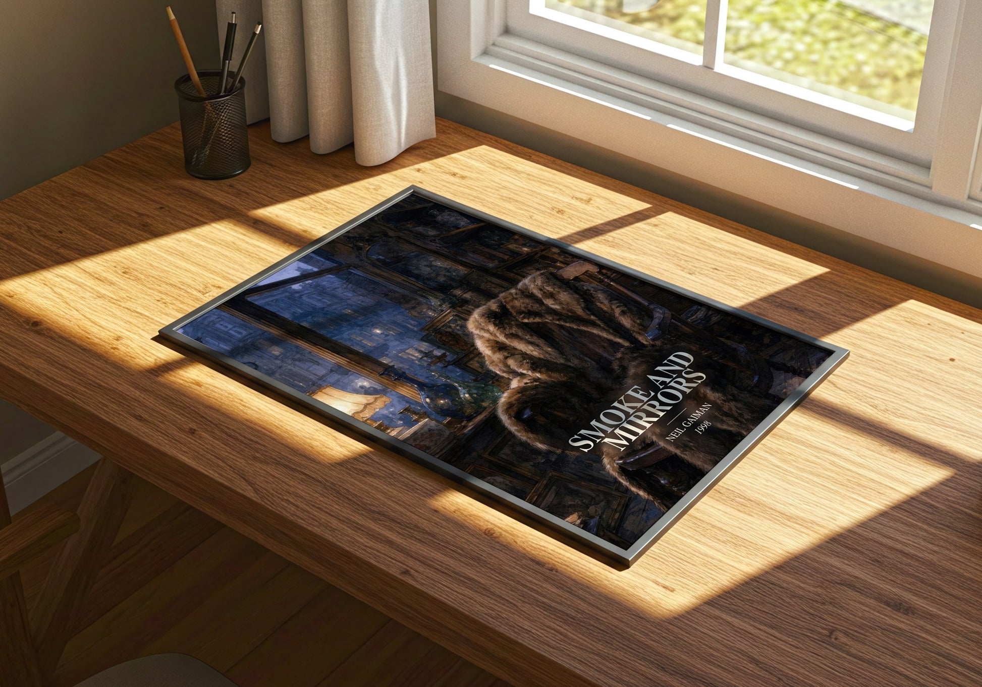Smoke And Mirrors watercolour book poster framed on wall – fantasy wall art