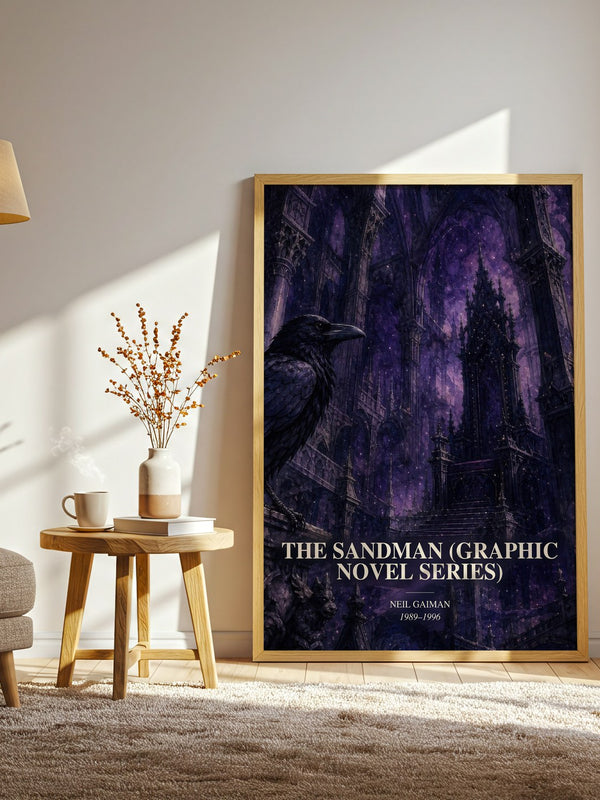 The Sandman (Graphic Novel Series) watercolour print in frame leaning in hallway – fantasy wall art