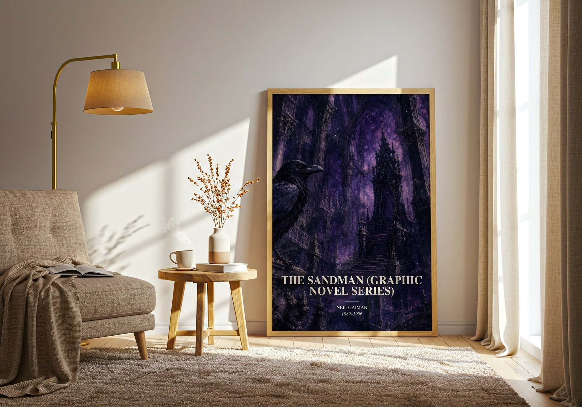 The Sandman (Graphic Novel Series) watercolour print in frame leaning in hallway – fantasy wall art