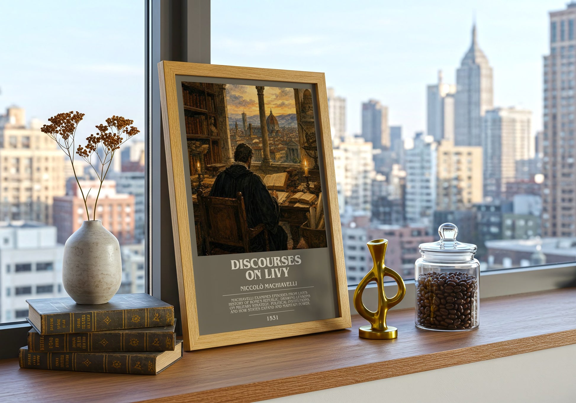 Discourses On Livy bookish print framed by window – literary home decor