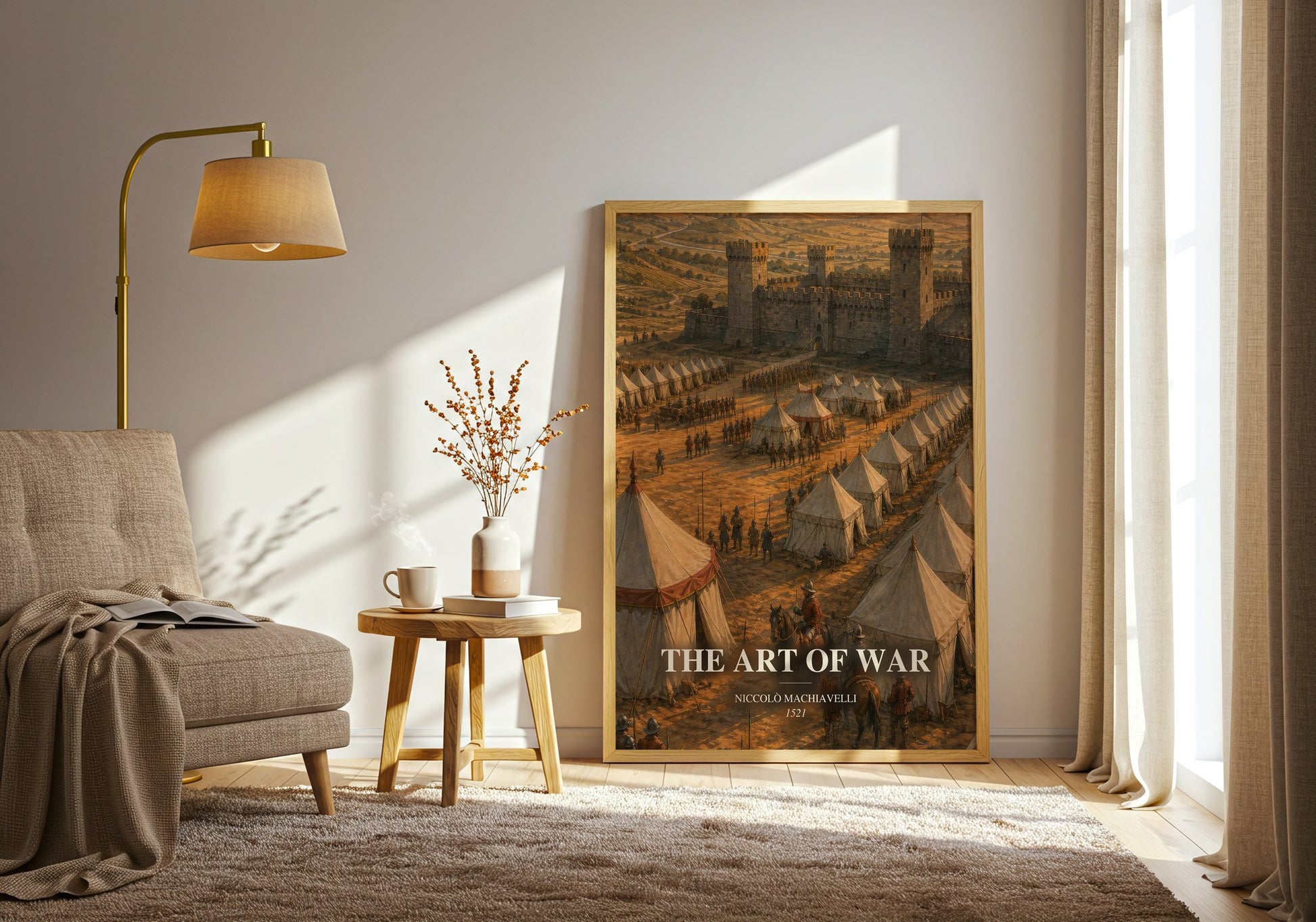 The Art Of War watercolour print in frame leaning in hallway – philosophy wall art