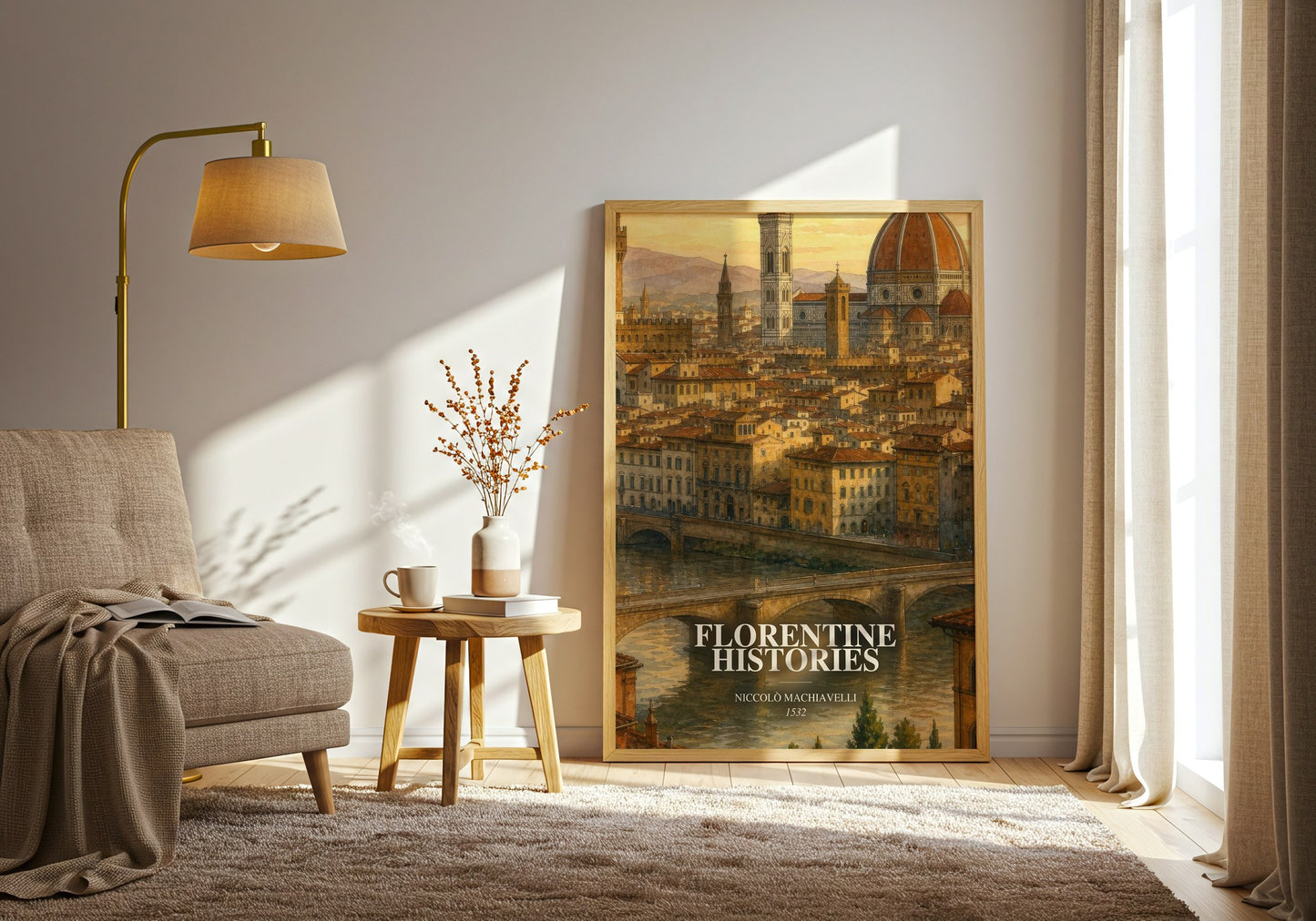 Florentine Histories watercolour print in frame leaning in hallway – historical fiction wall art