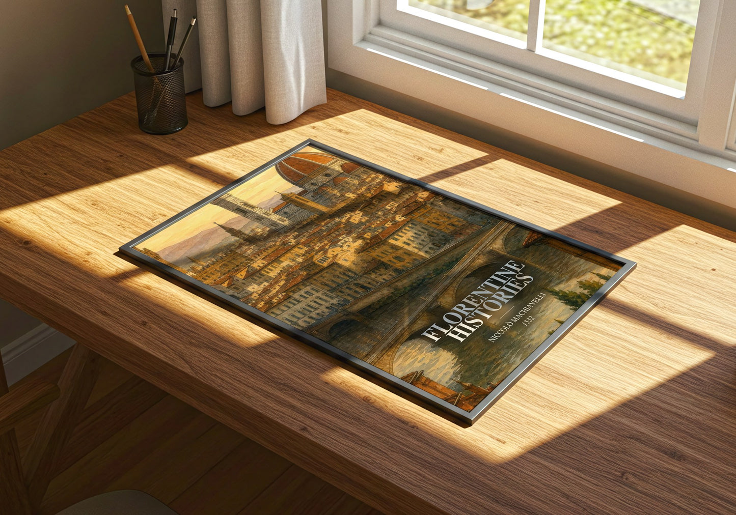 Florentine Histories watercolour book poster framed on wall – historical fiction wall art