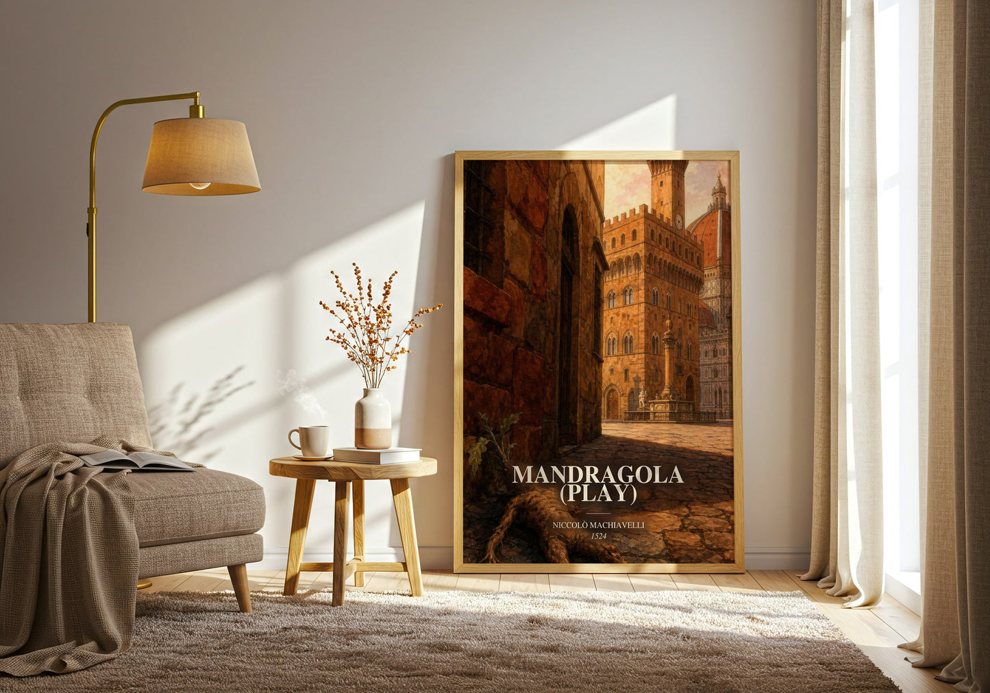 Mandragola (Play) watercolour print in frame leaning in hallway – classic literature wall art
