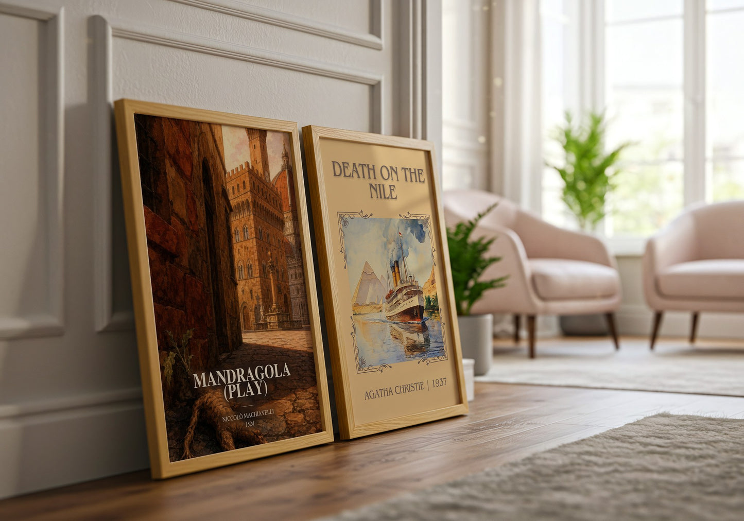 Mandragola (Play) watercolour print framed by window – literary home decor
