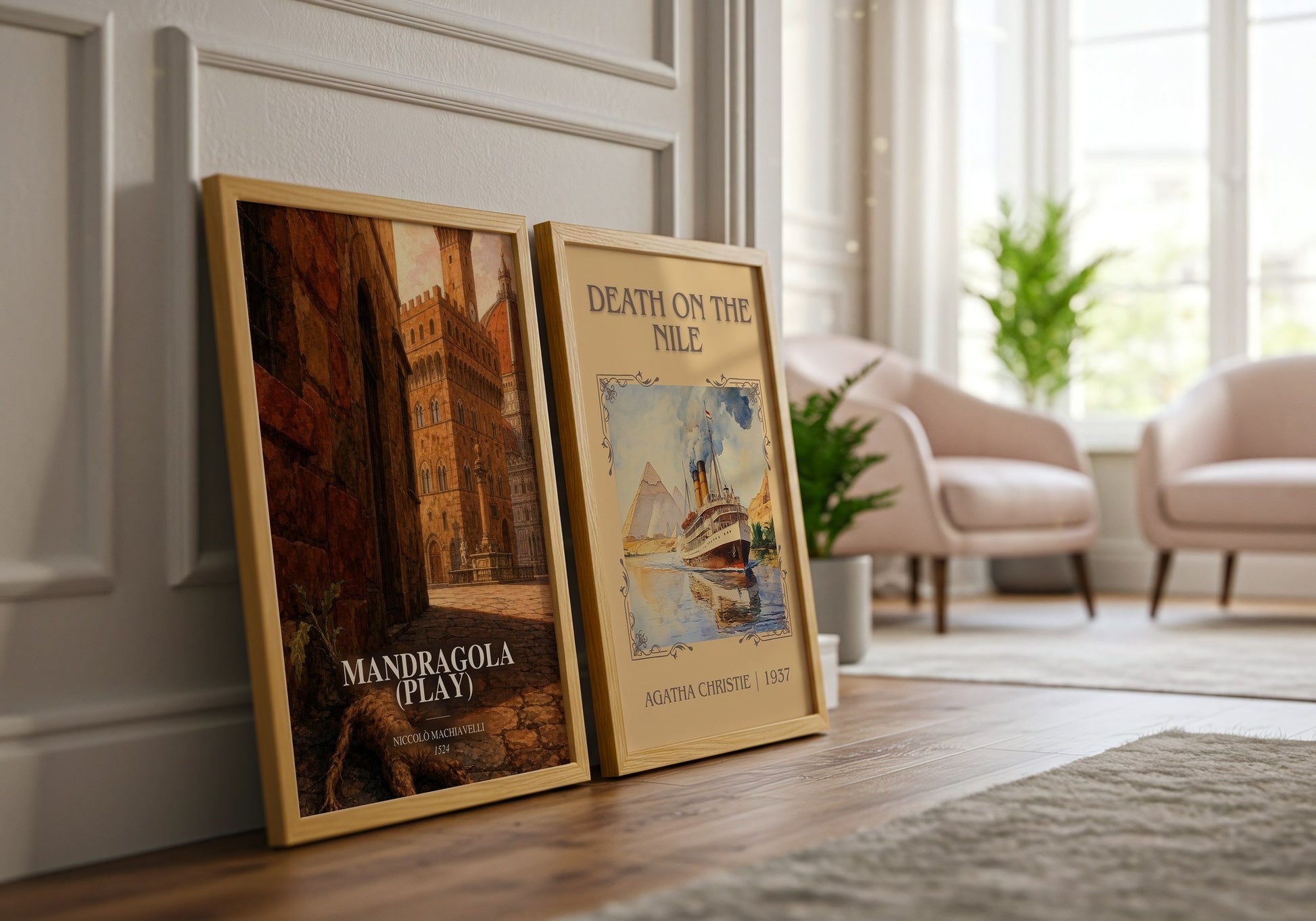 Mandragola (Play) watercolour print framed by window – literary home decor