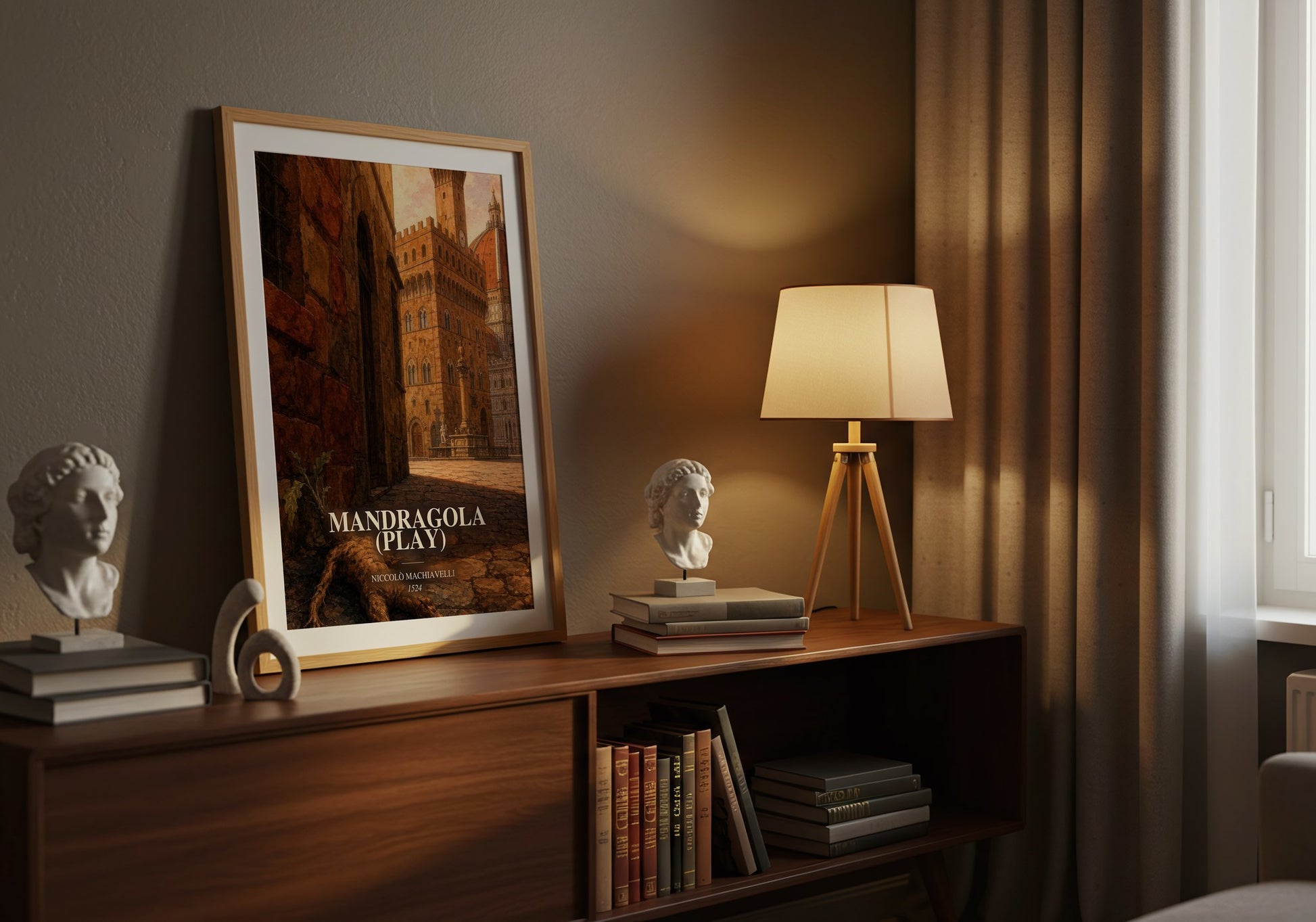 Mandragola (Play) watercolour print on bookshelf – Niccolò Machiavelli fan gift