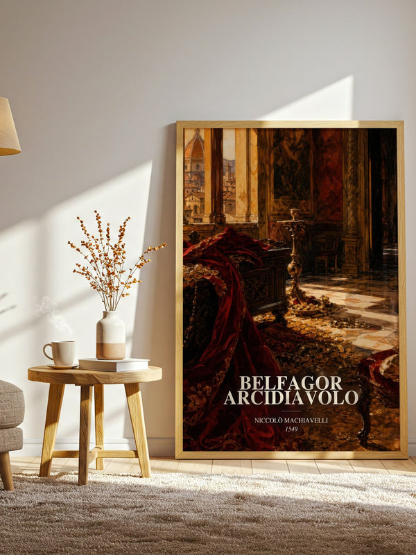 Belfagor Arcidiavolo watercolour print in frame leaning in hallway – classic literature wall art