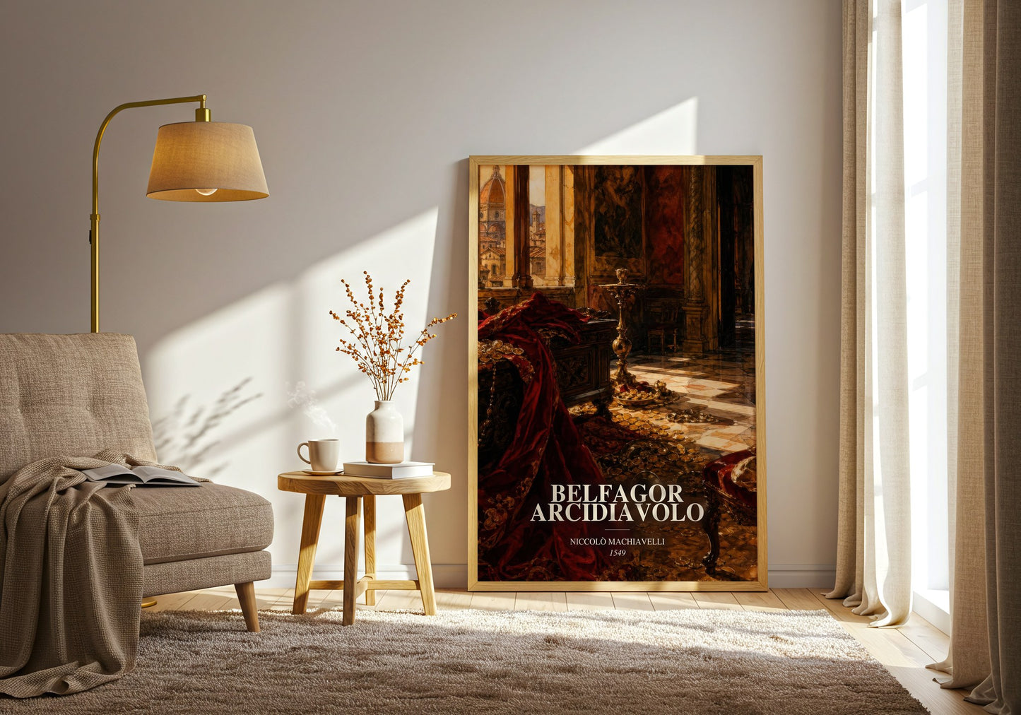 Belfagor Arcidiavolo watercolour print in frame leaning in hallway – classic literature wall art