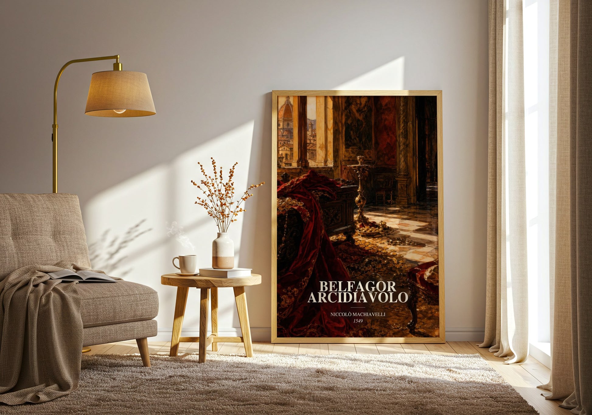 Belfagor Arcidiavolo watercolour print in frame leaning in hallway – classic literature wall art