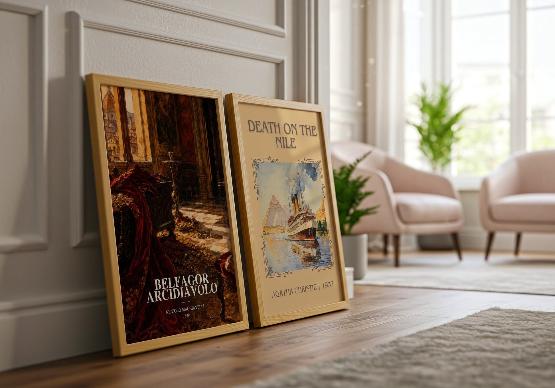Belfagor Arcidiavolo watercolour print framed by window – literary home decor