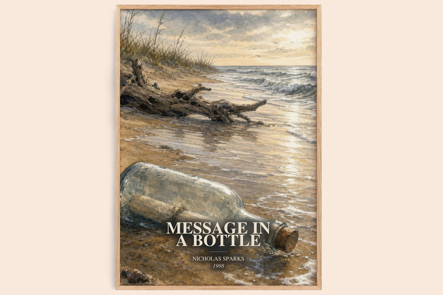 Message In A Bottle watercolour book poster by Nicholas Sparks – framed literary art print