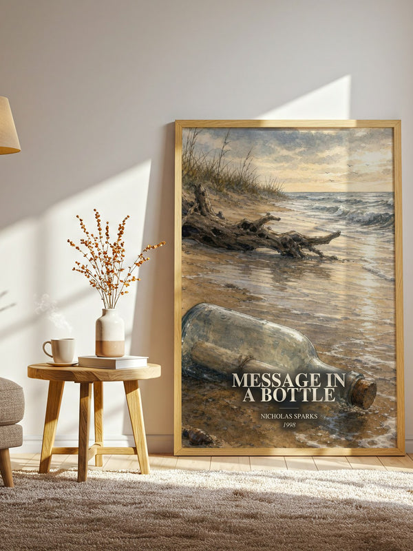 Message In A Bottle watercolour print in frame leaning in hallway – romance wall art