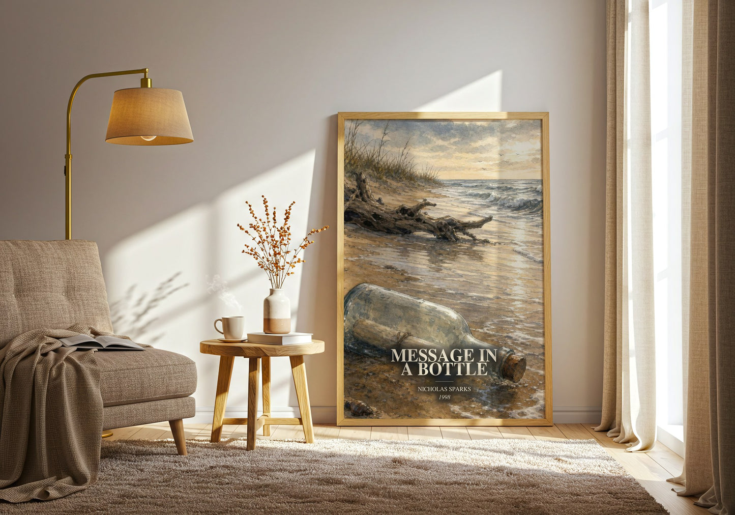 Message In A Bottle watercolour print in frame leaning in hallway – romance wall art