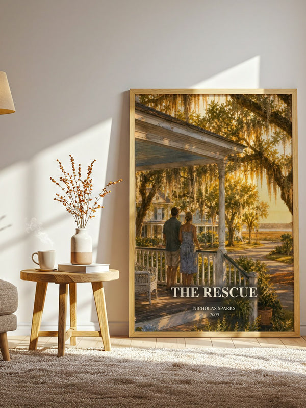 The Rescue watercolour print in frame leaning in hallway – romance wall art