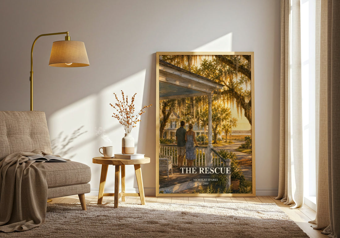 The Rescue watercolour print in frame leaning in hallway – romance wall art (mockup)
