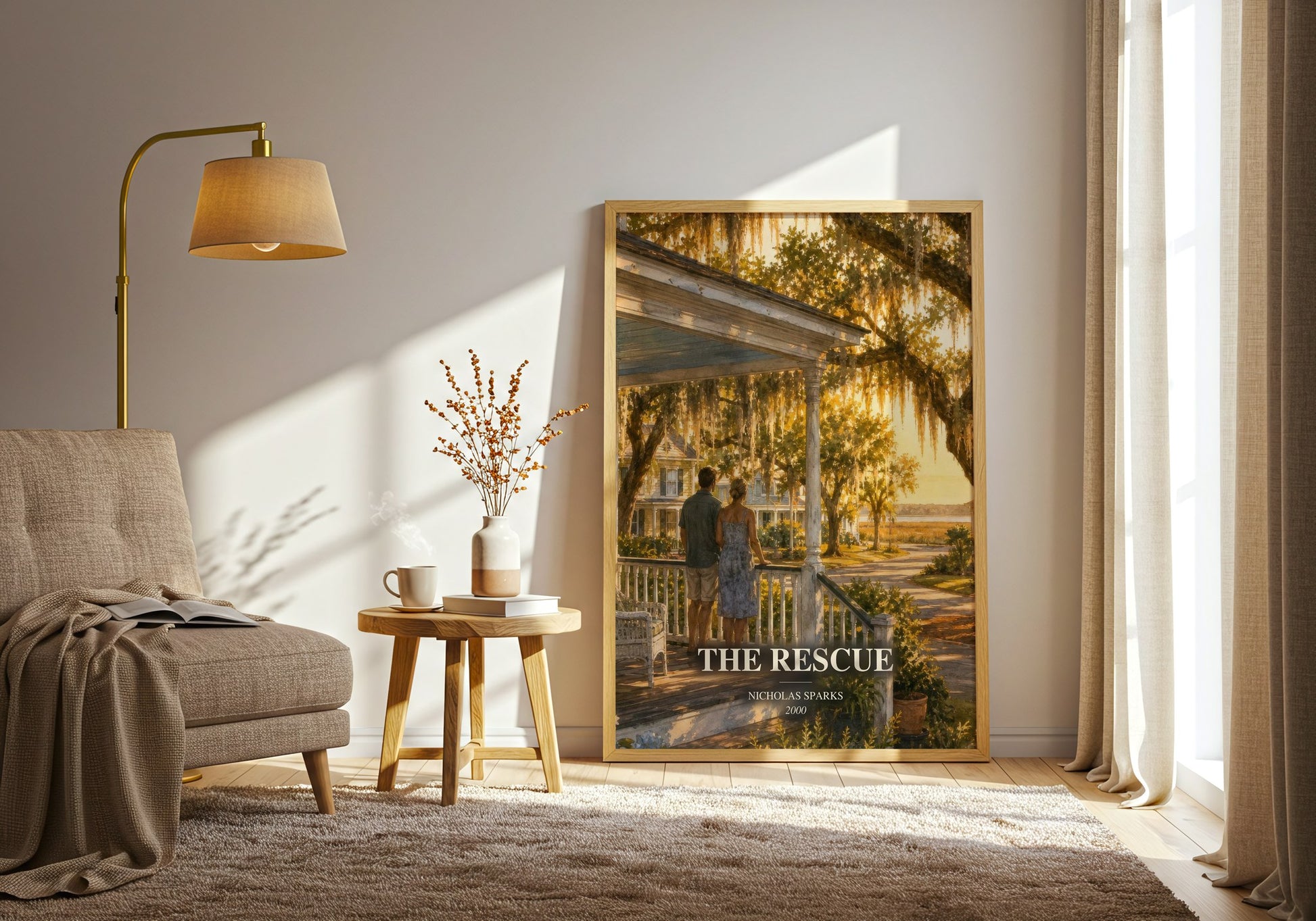 The Rescue watercolour print in frame leaning in hallway – romance wall art