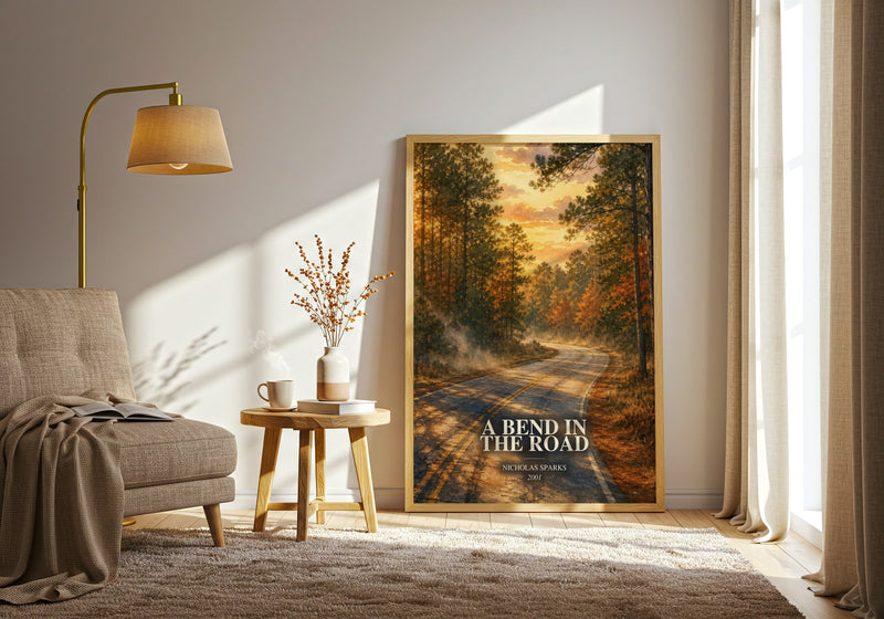 A Bend In The Road watercolour print in frame leaning in hallway – contemporary fiction wall art