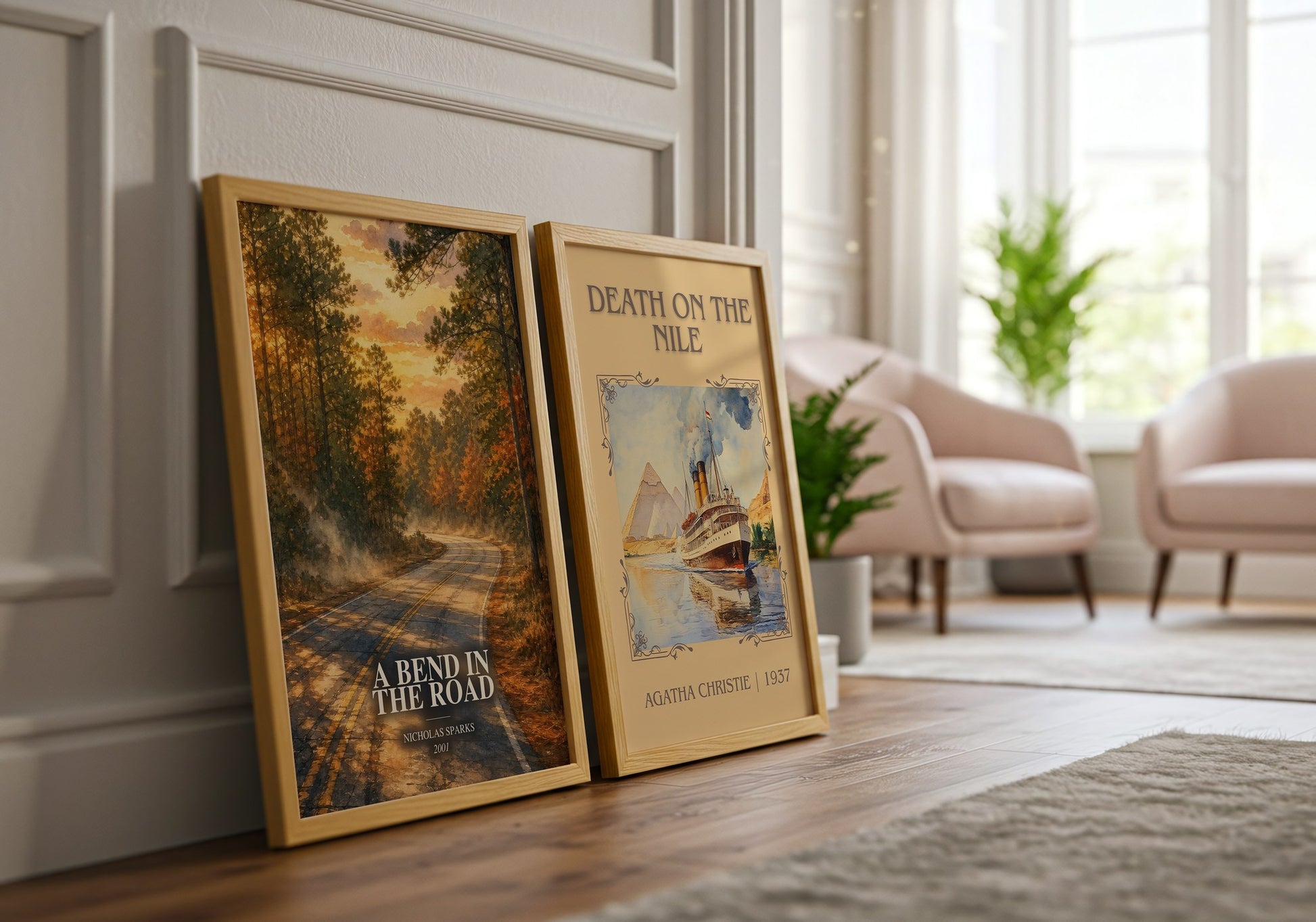 A Bend In The Road watercolour print framed by window – literary home decor