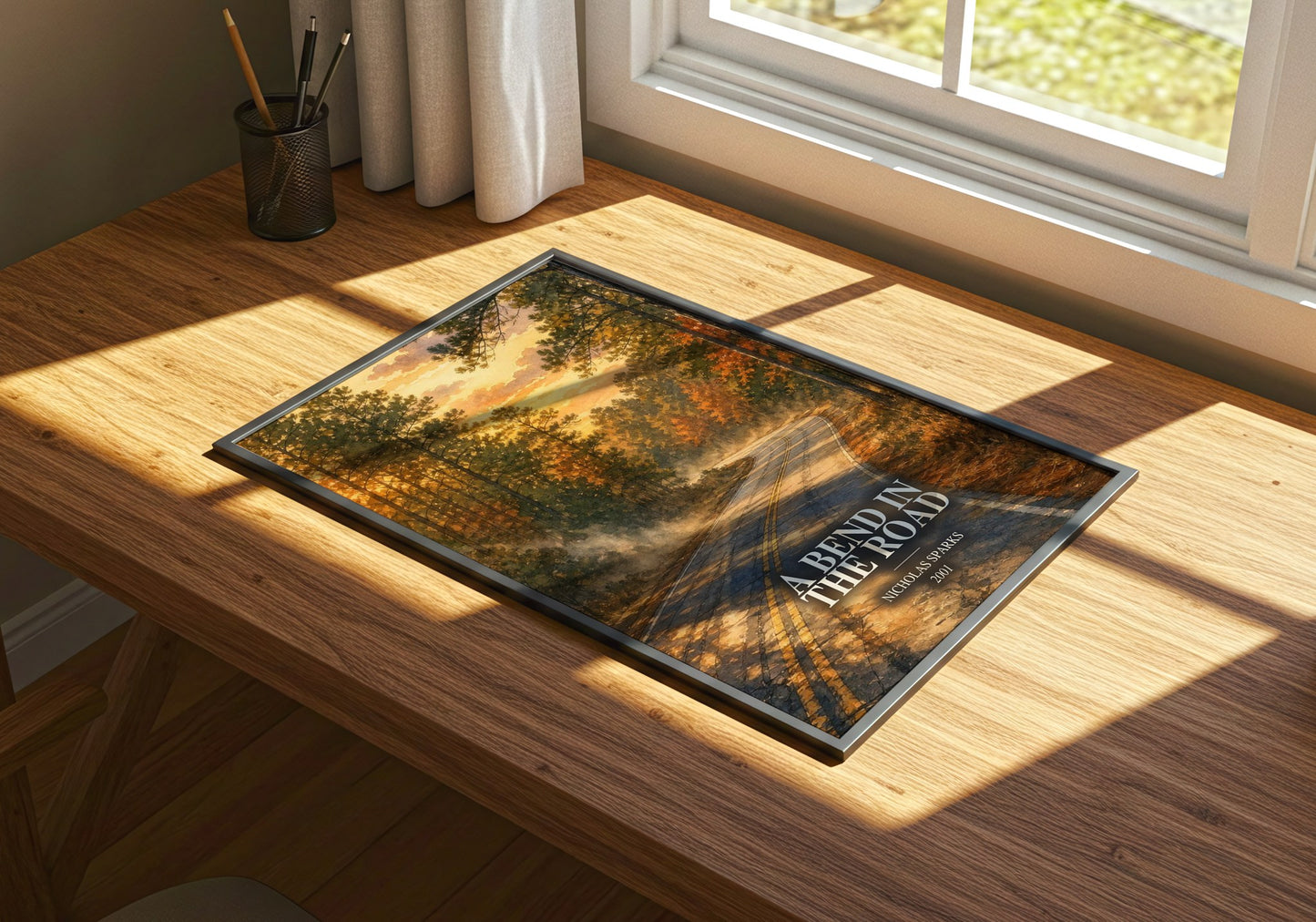 A Bend In The Road watercolour book poster framed on wall – contemporary fiction wall art