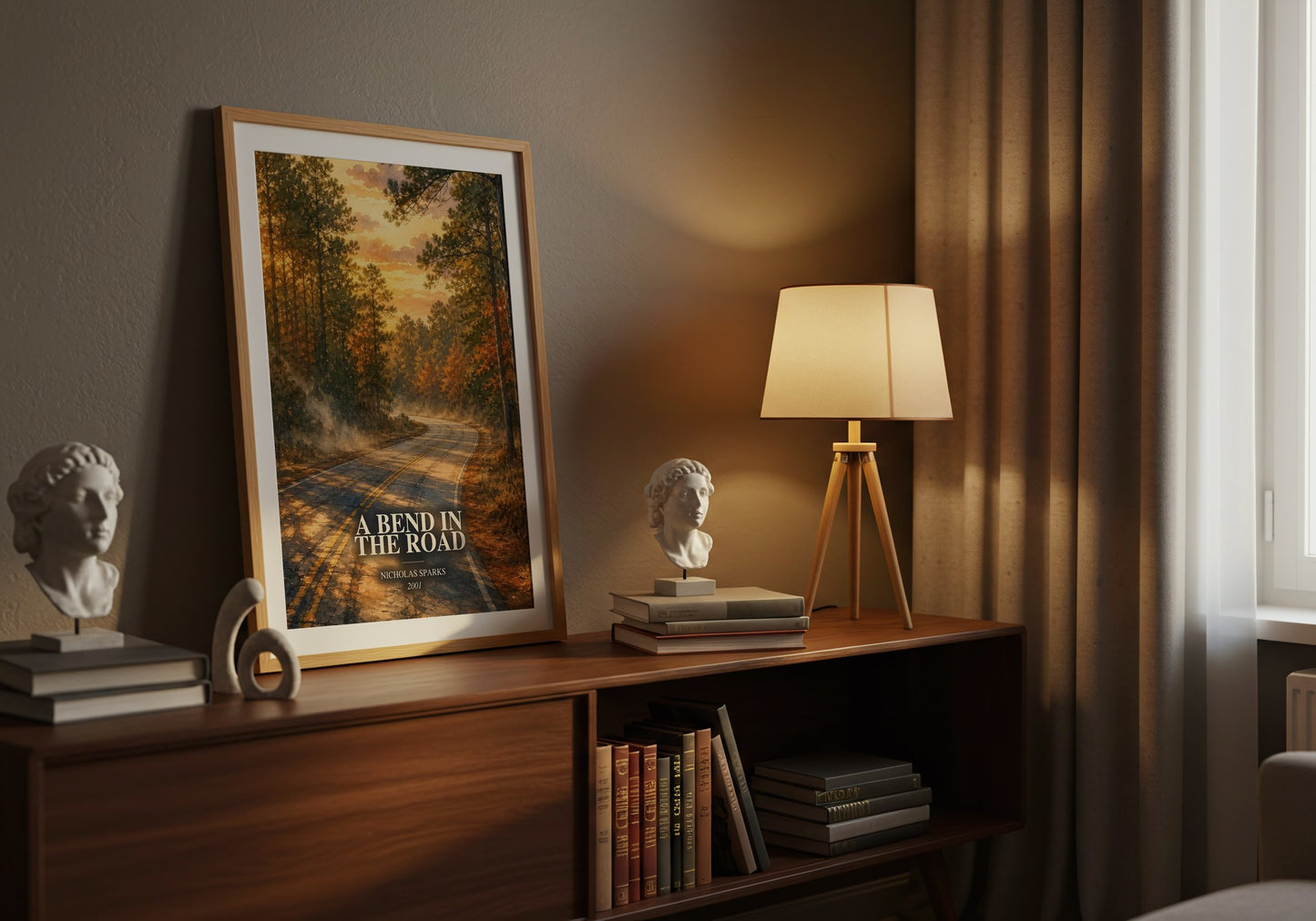 A Bend In The Road watercolour print on bookshelf – Nicholas Sparks fan gift