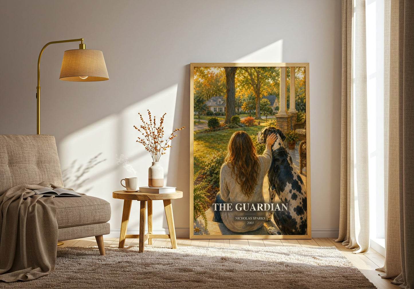 The Guardian watercolour print in frame leaning in hallway – romance wall art